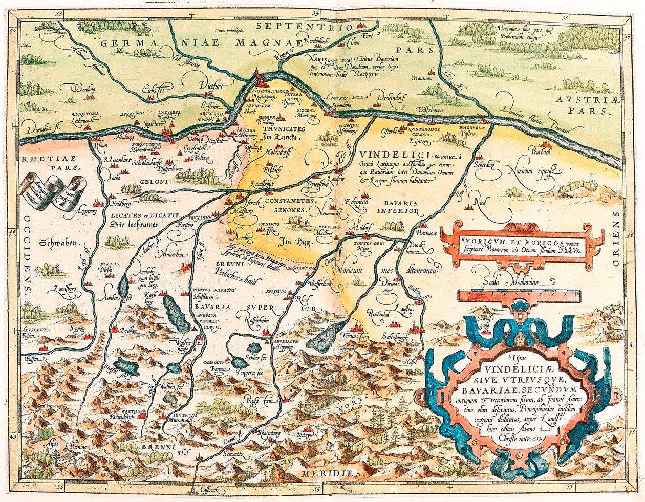 Typus Vindeliciae Ssive Utriusque Bavariae: Secundum antiquam & recentiorum situm, ab Joanne Aventino olim descriptus... Geographische Karte des Gebiets von Bayern in Deutschland aus „Theatrum Orbis Terrarum“ von Abraham Ortelius (Oertel, Ortell oder Ortel von Abraham Ortelius