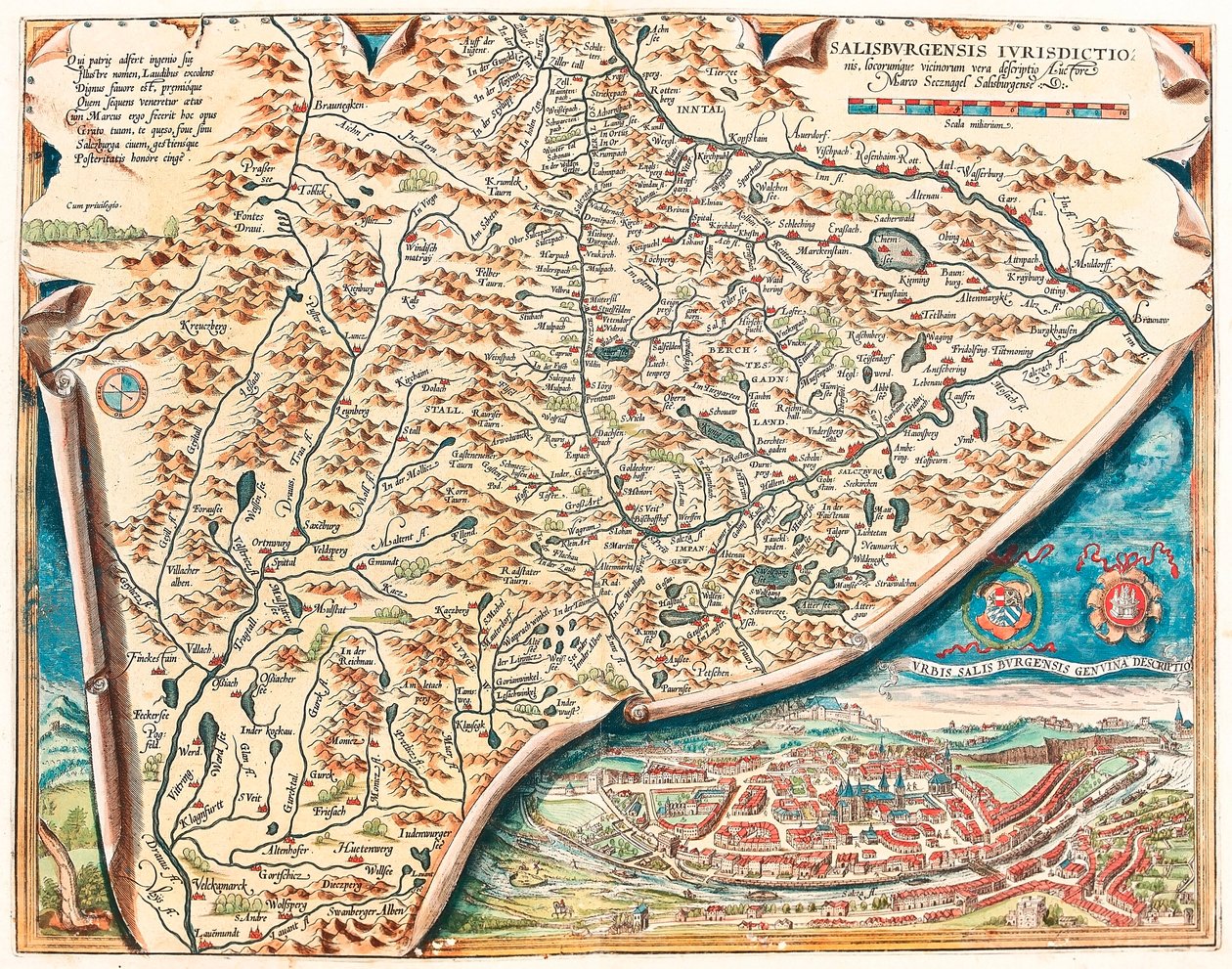 Urbis Salisburgensis genuina descriptio. Geographische Karte des Territoriums von Salzburg in Österreich aus „Theatrum Orbis Terrarum“ von Abraham Ortelius von Abraham Ortelius