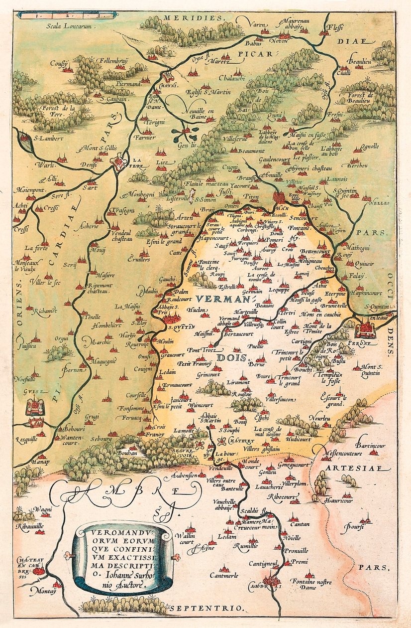Veromanuorum Eorum que Confinium Accurssima Descript. Geographische Karte des Gebiets von Vermandois und Picardie in Gallien (Frankreich) aus „Theatrum Orbis Terrarum“ von Abraham Ortelius (Oertel, Ortell oder Ortel) von Abraham Ortelius