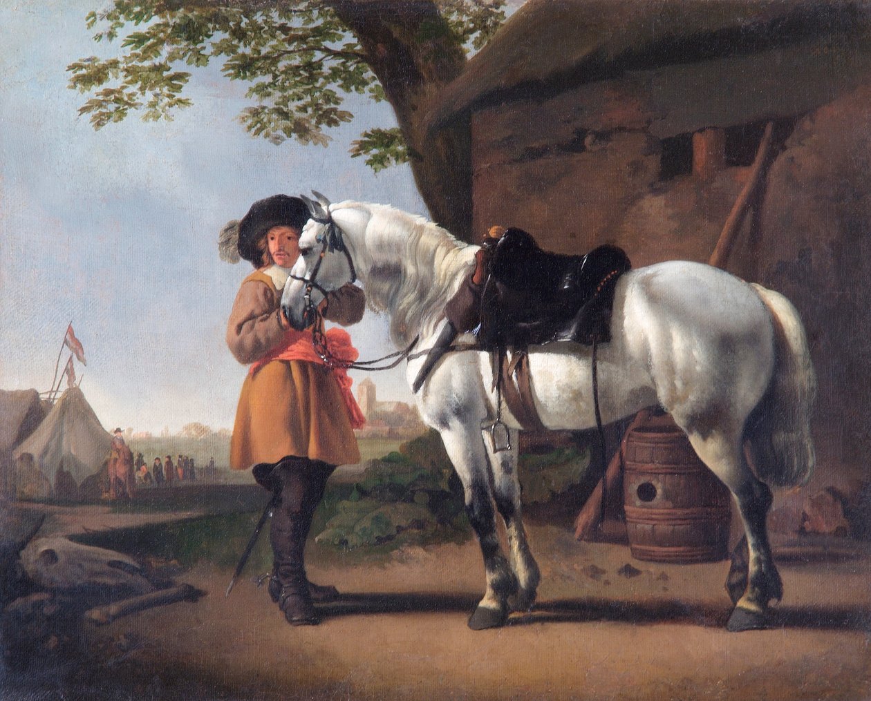 Ein Kavalier mit einem grauen Pferd von Abraham Pietersz van Kalraet