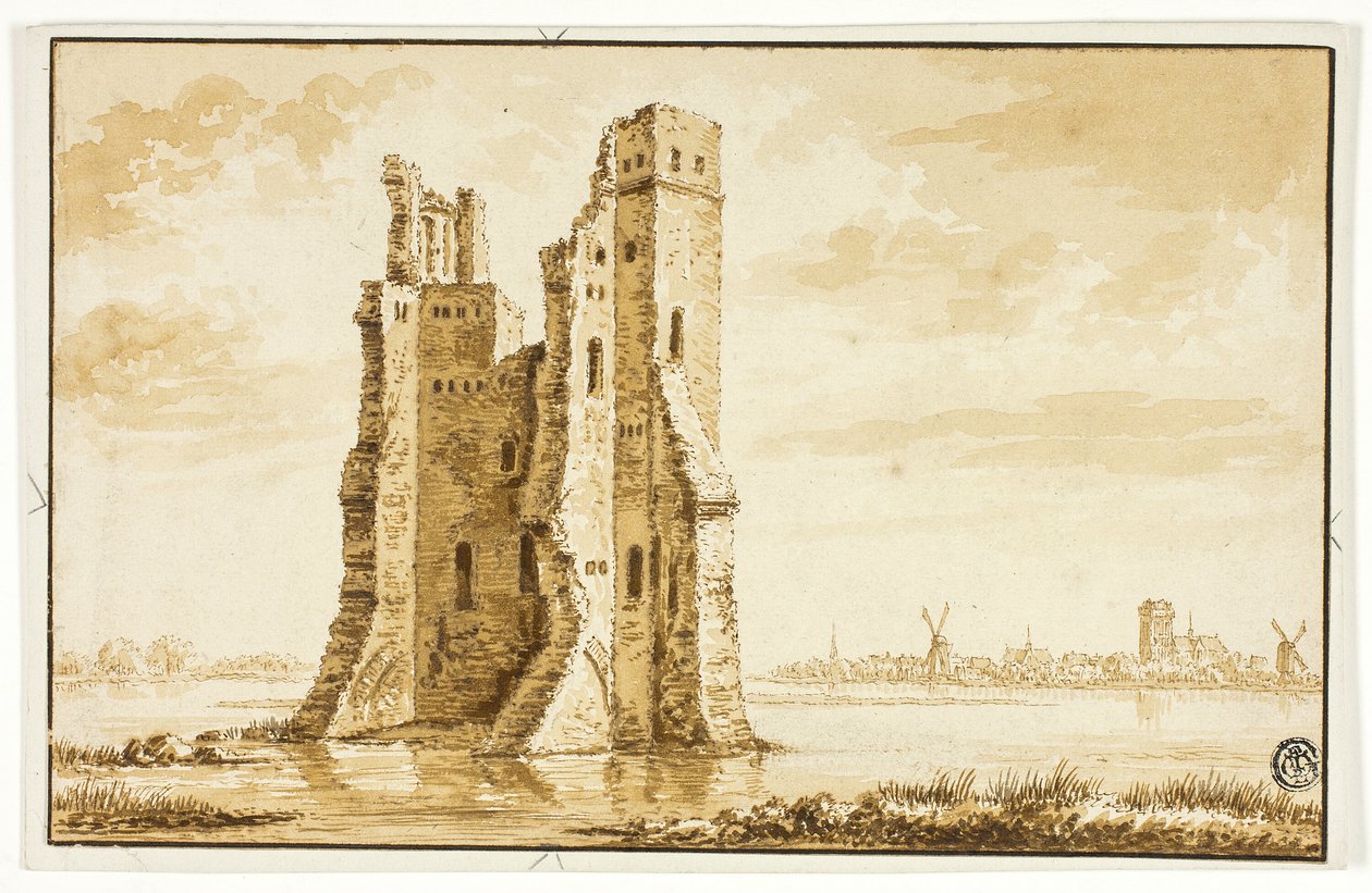 Ruinen des Merwede-Herrenhauses von vorne gesehen mit Dordrecht im Hintergrund von Abraham Rademaker