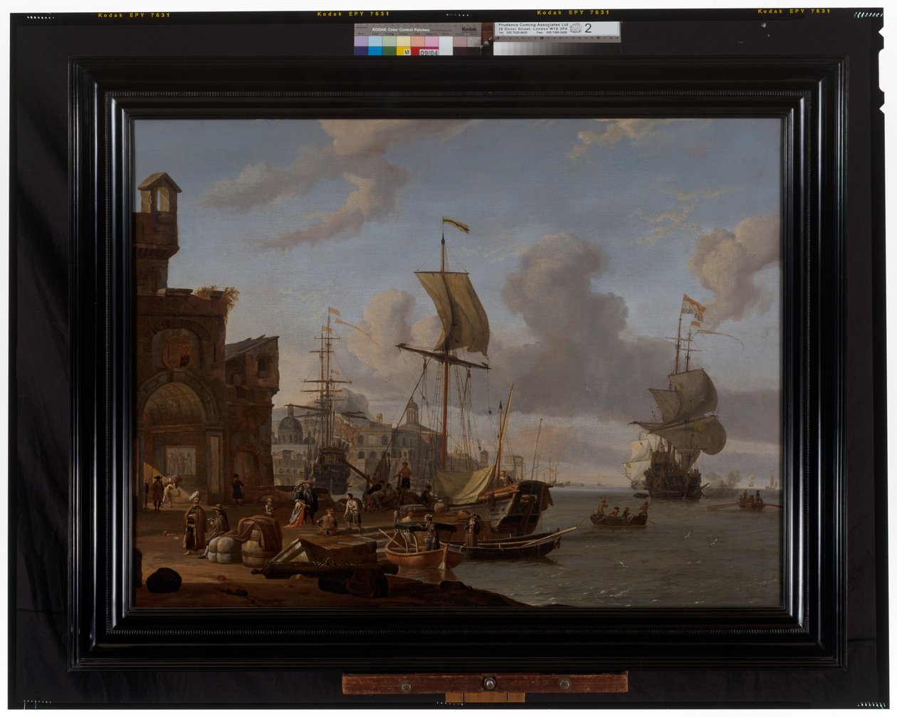 Ein Capriccio-Mittelmeerhafen mit Kaufleuten und anderen Figuren am Kai von Abraham Storck