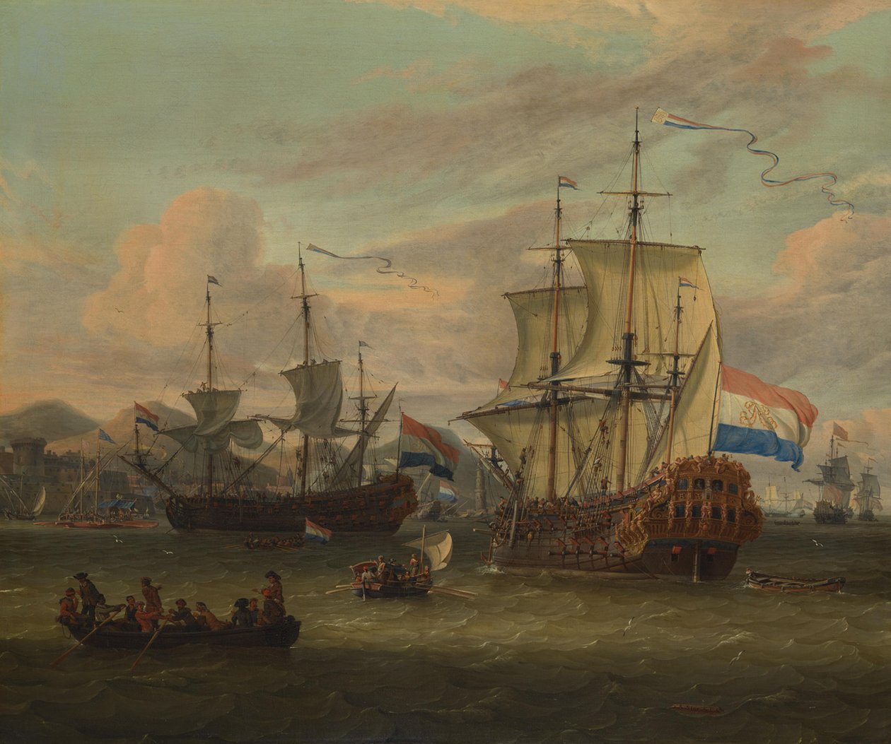 Holländische Straßenfahrer bei einem Hafen am Mittelmeer von Abraham Storck