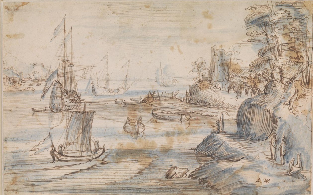 Küstenlandschaft mit mehreren Schiffen, eine hohe Küste mit mehreren Figuren von Abraham Willaerts