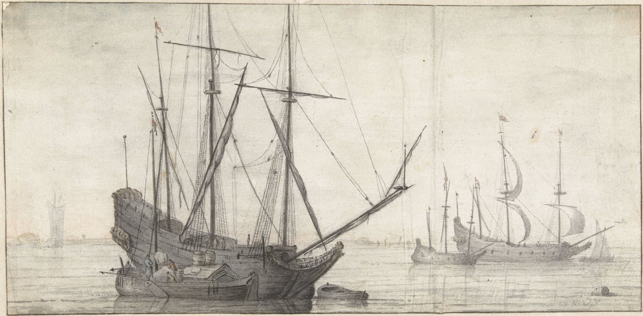 Segelschiffe auf stillem Wasser an der Küste von Abraham de Verwer (possibly)
