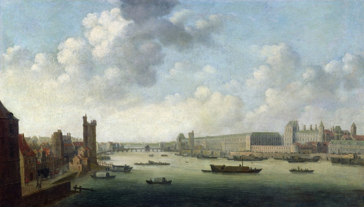 Perspektivische Ansicht von Paris von der Barber-Brücke flussabwärts, Darstellung des Hôtel Bourbon, der Grande Galerie des Louvre, ca. 1640 von Abraham de Verwer