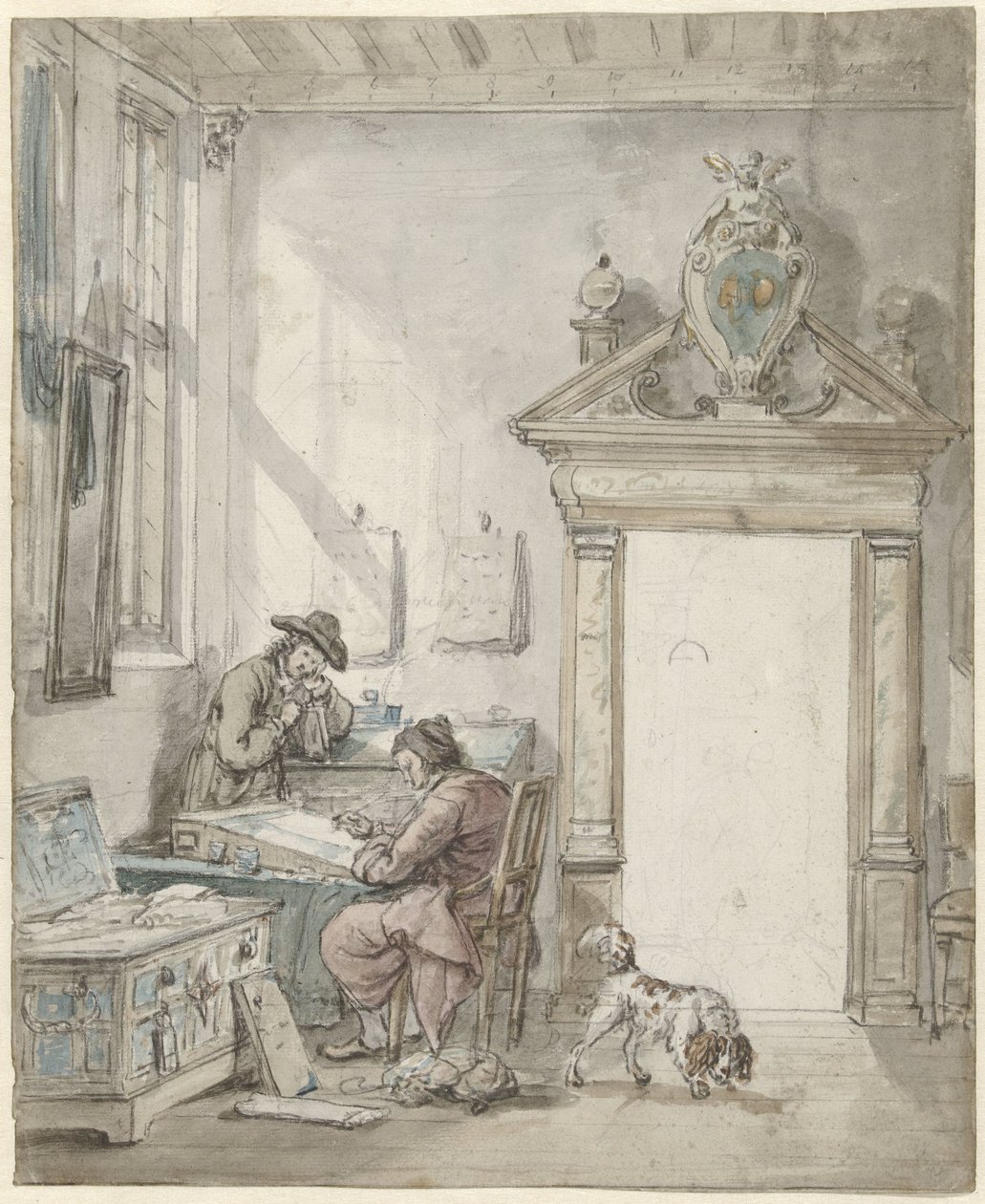 Interieurszene mit schreibendem Mann an einem Pult von Abraham van Strij (I)