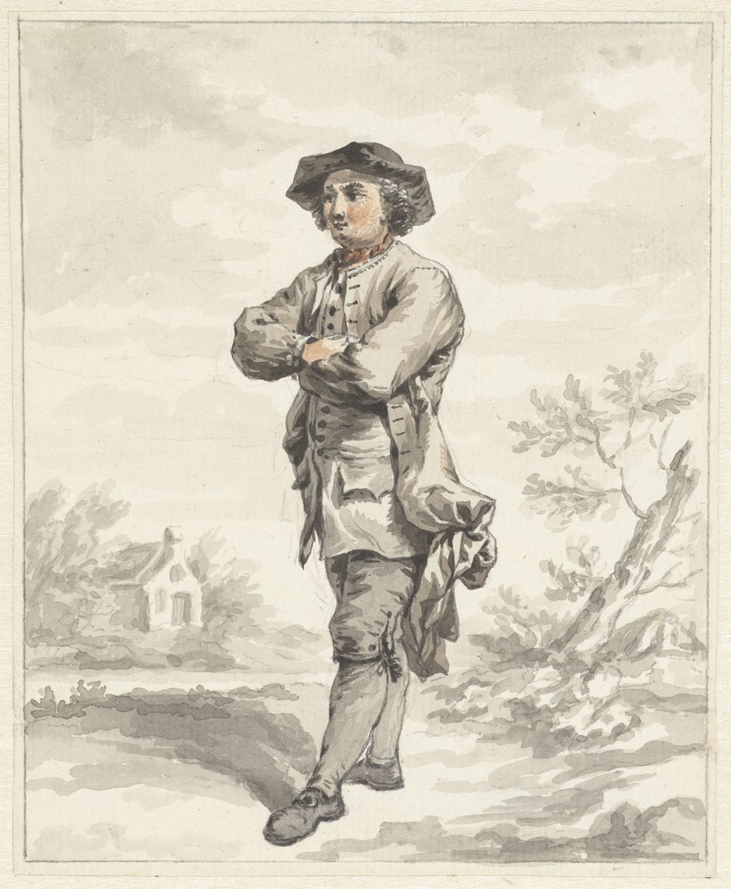Stehender Mann, die Arme verschränkt, nach links von Abraham van Strij (I)