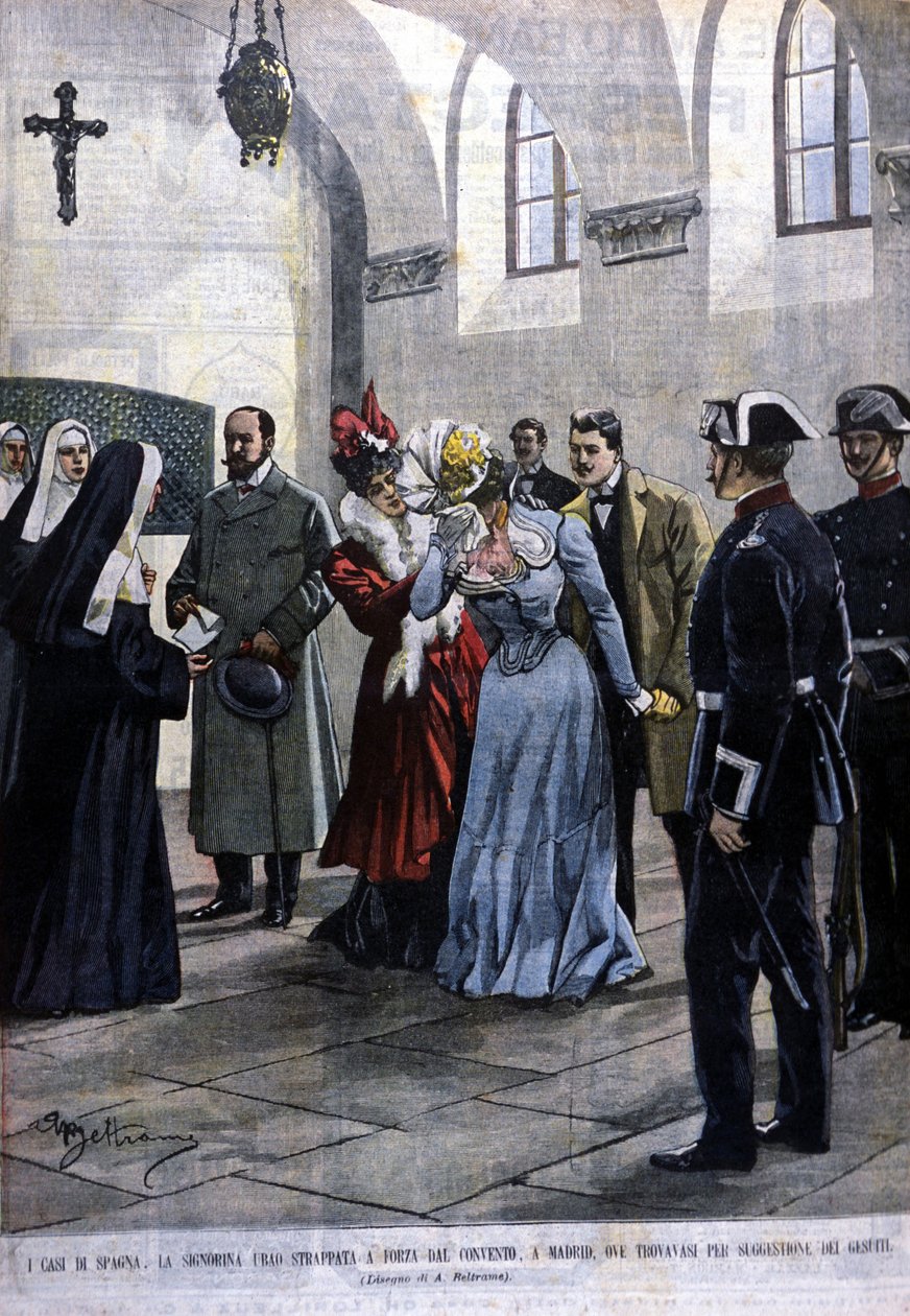 A Madrid, une jeune femme, Mademoiselle Ubao, est arrachée à la vie de religieuse dans un couvent où elle se trouvait par suggestion des Jesuites. Illustration von Beltrame. La Domenica del corriere. 1901 von Achille Beltrame