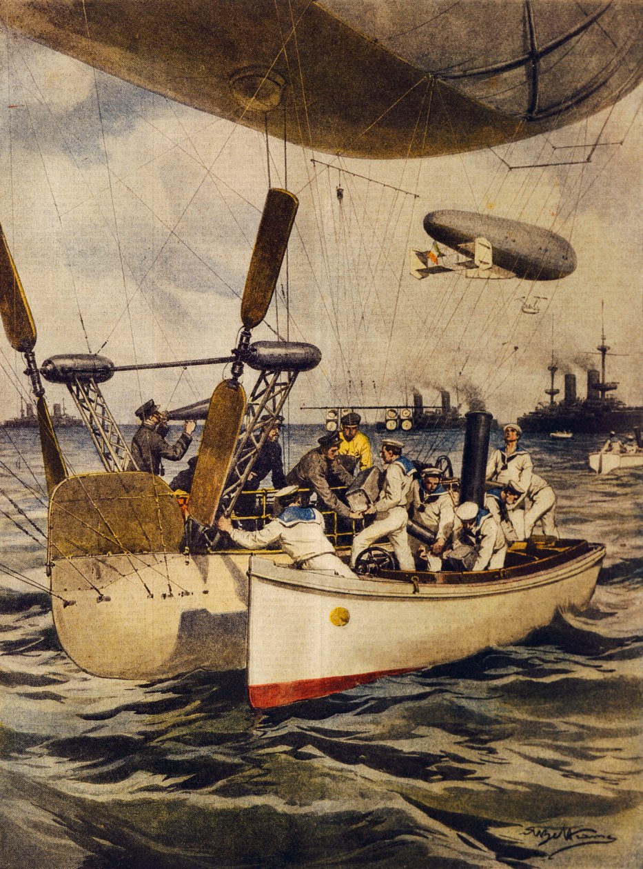 Luftschiffe versorgen Schlachtschiffe während ihrer Reise von Achille Beltrame