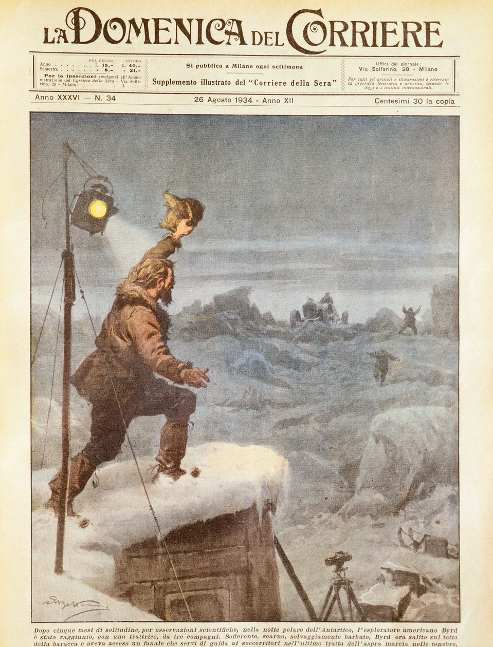 Amerikanischer Entdecker Richard E. Byrd, der nach fünf Monaten allein in der Antarktis von Gefährten begleitet wird, von Achille Beltrame, Illustration, Illustrator Achille Beltrame (1871-1945), aus La Domenica del Corriere, 26. August 1934 von Achille Beltrame