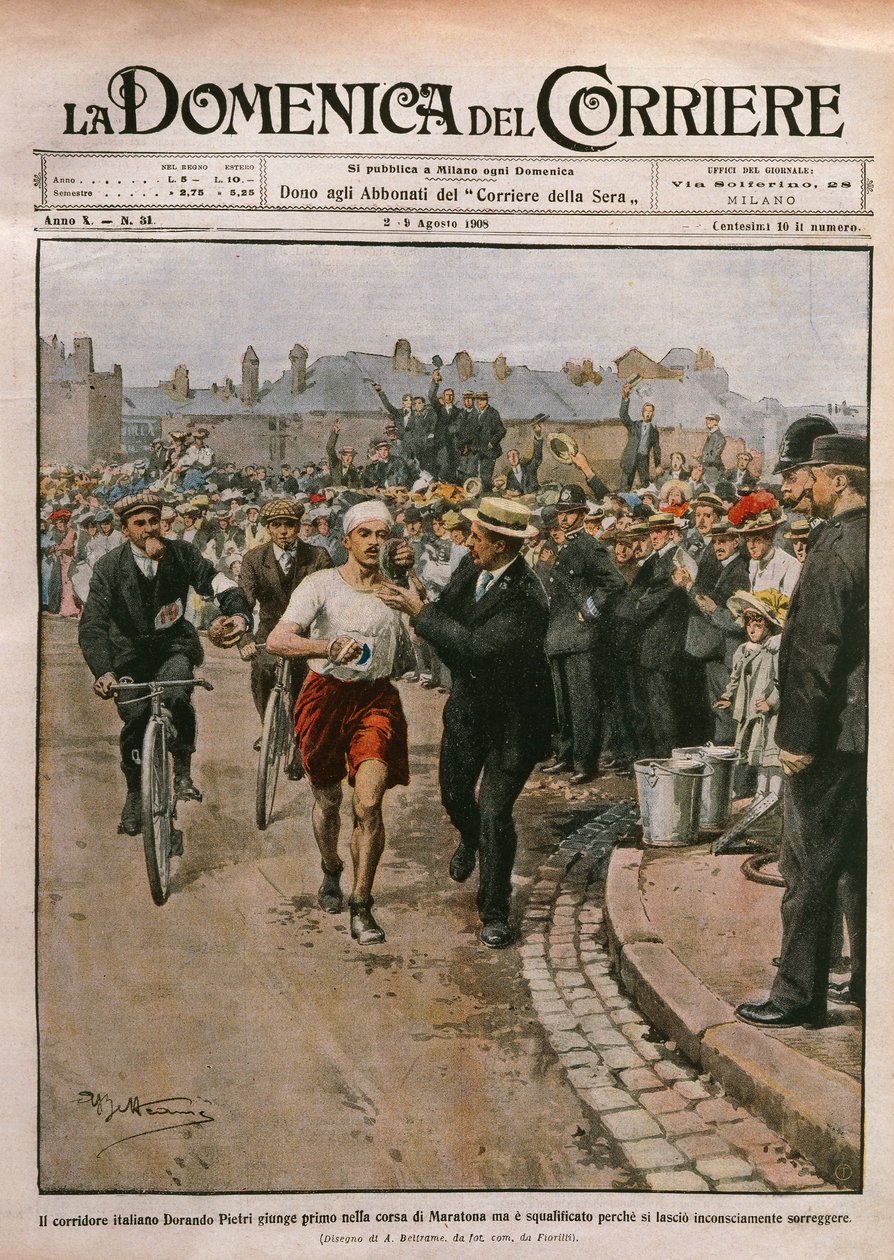 Ankunft von Dorando Pietri (1885-1942) im Marathon, Londoner Olympiade, Illustration von Achille Beltrame aus La Domenica del Corriere, 2.-9. August von Achille Beltrame