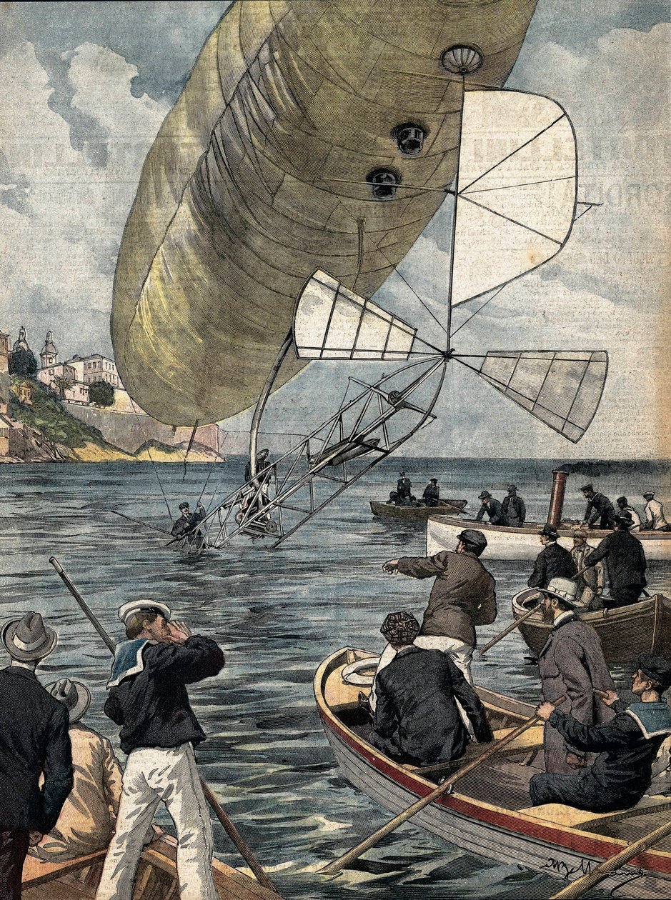 BELTRAME, Achilles (1871-1945); SANTOS DUMONT, Alberto (1873-1932). Brasilianischer Luftfahrtpionier. Das Luftschiff von Alberto Santos Dumont stürzt vor dem Casino von Monte Carlo ins Meer. Bild von Achille Beltrame für „La Domenica del Corriere“ von Achille Beltrame