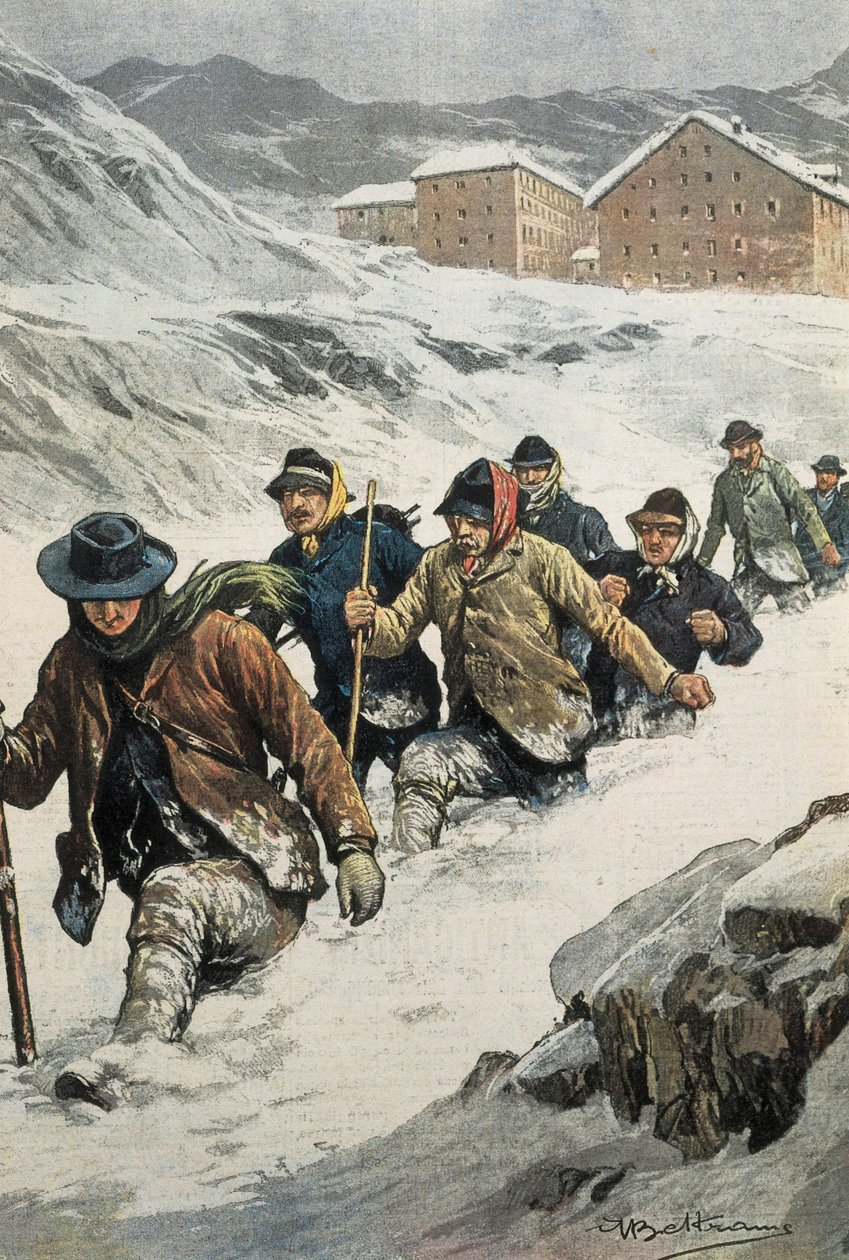 Italienische Arbeiter überqueren den St. Bernhard-Pass zwischen Aosta und der Schweiz. Titelblatt von „La Domenica del Corriere“. 14.02.1904. Lithografie. von Achille Beltrame