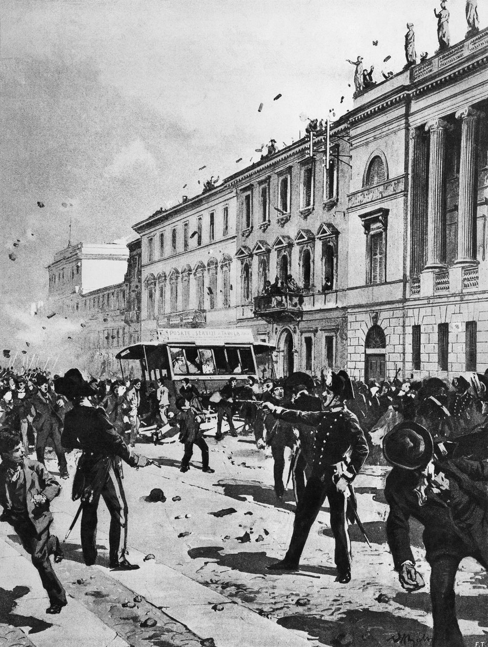 Zusammenstoß zwischen Demonstranten und Polizei in Mailand, Corso Venezia, vor dem Palazzo Saporiti, 7. Mai von Achille Beltrame