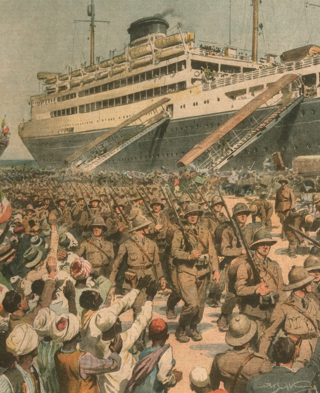 Titelillustration der Landung italienischer Truppen in Ostafrika von Achille Beltrame