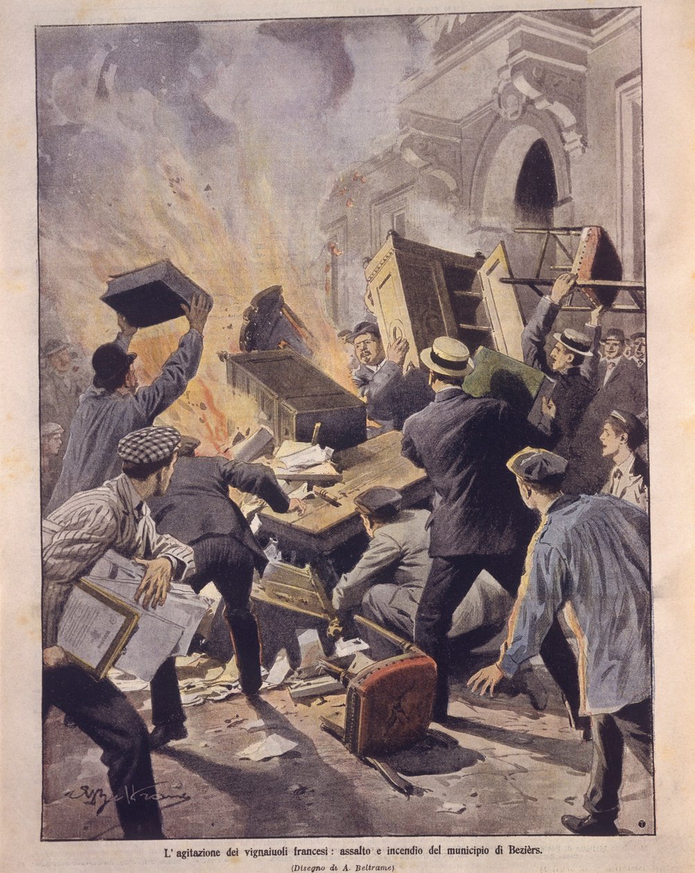 Titelillustration von Winzern, die das Rathaus von Beziers während der Aufstände in Frankreich in Brand setzen von Achille Beltrame