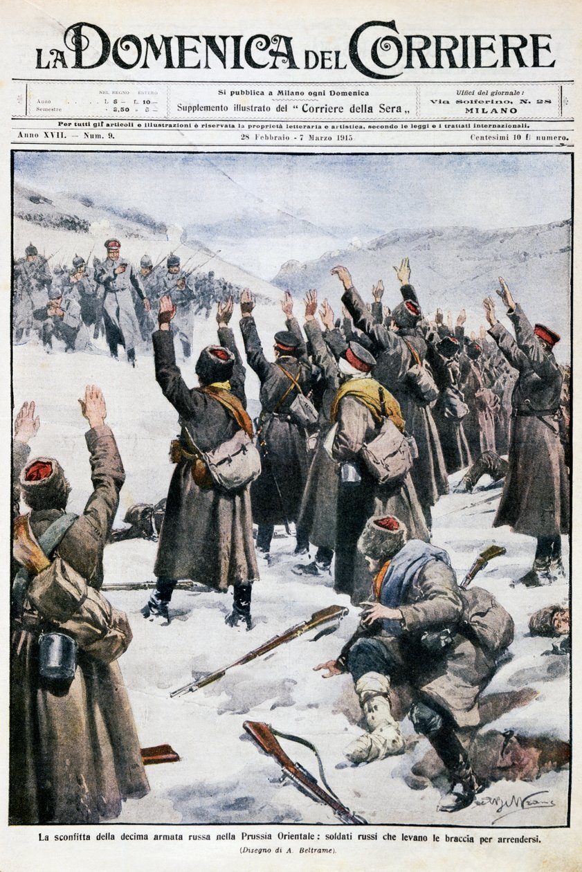 Niederlage der zehnten russischen Armee in Ostpreußen: Russische Soldaten heben die Arme zur Kapitulation, Tafel von Achille Beltrame (1871-1945) aus La Domenica del Corriere, 28. Februar-7. März 1915 von Achille Beltrame