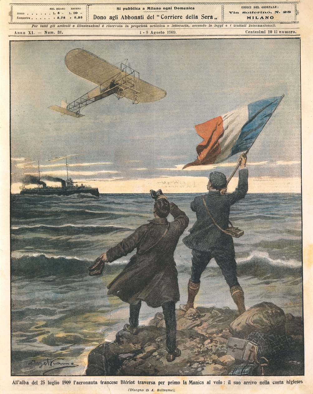 Französischer Flieger Louis Bleriot, erste Person, die den Ärmelkanal überquert, Feierlichkeiten an der englischen Küste, 25. Juli von Achille Beltrame