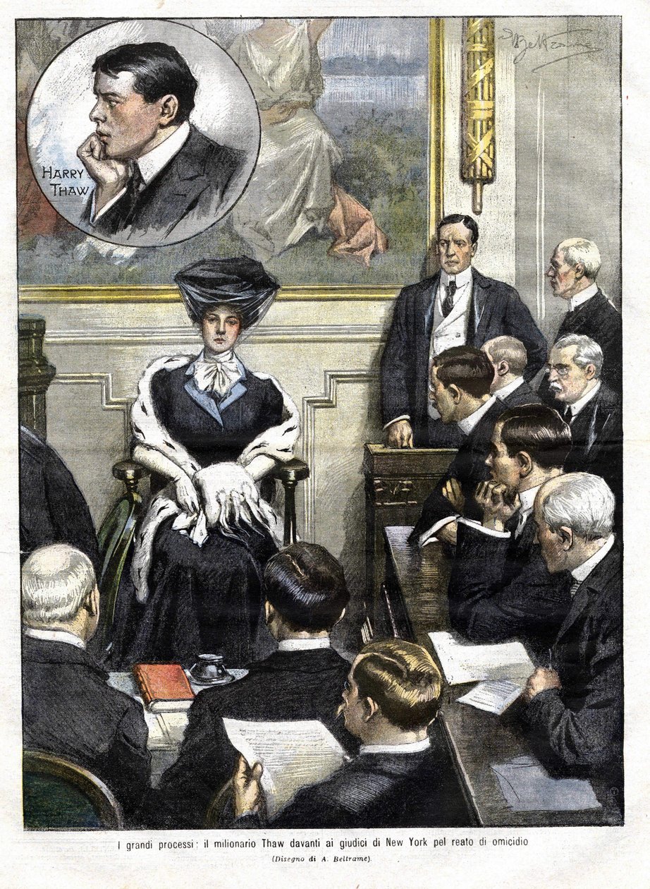 Harry Thaws Prozess in New York 1907. Harry Thaw, Sohn einer Familie von Großindustriellen, tötete 1906 den Architekten Stanford White, den ehemaligen Liebhaber seiner Frau Evelyn. Titelbild der „Domenica del Corriere“ vom 3. März 1907. Illustration von Ac von Achille Beltrame