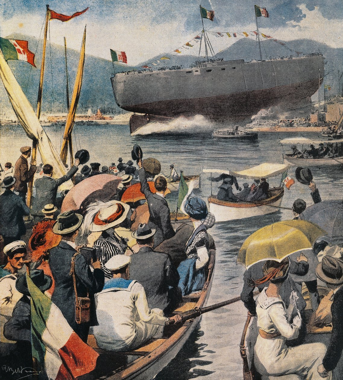 Stapellauf des Schlachtschiffs Andrea Doria aus dem Arsenale in La Spezia, Tafel von Achille Beltrame (1871-1945), La Domenica del Corriere, 6. April von Achille Beltrame