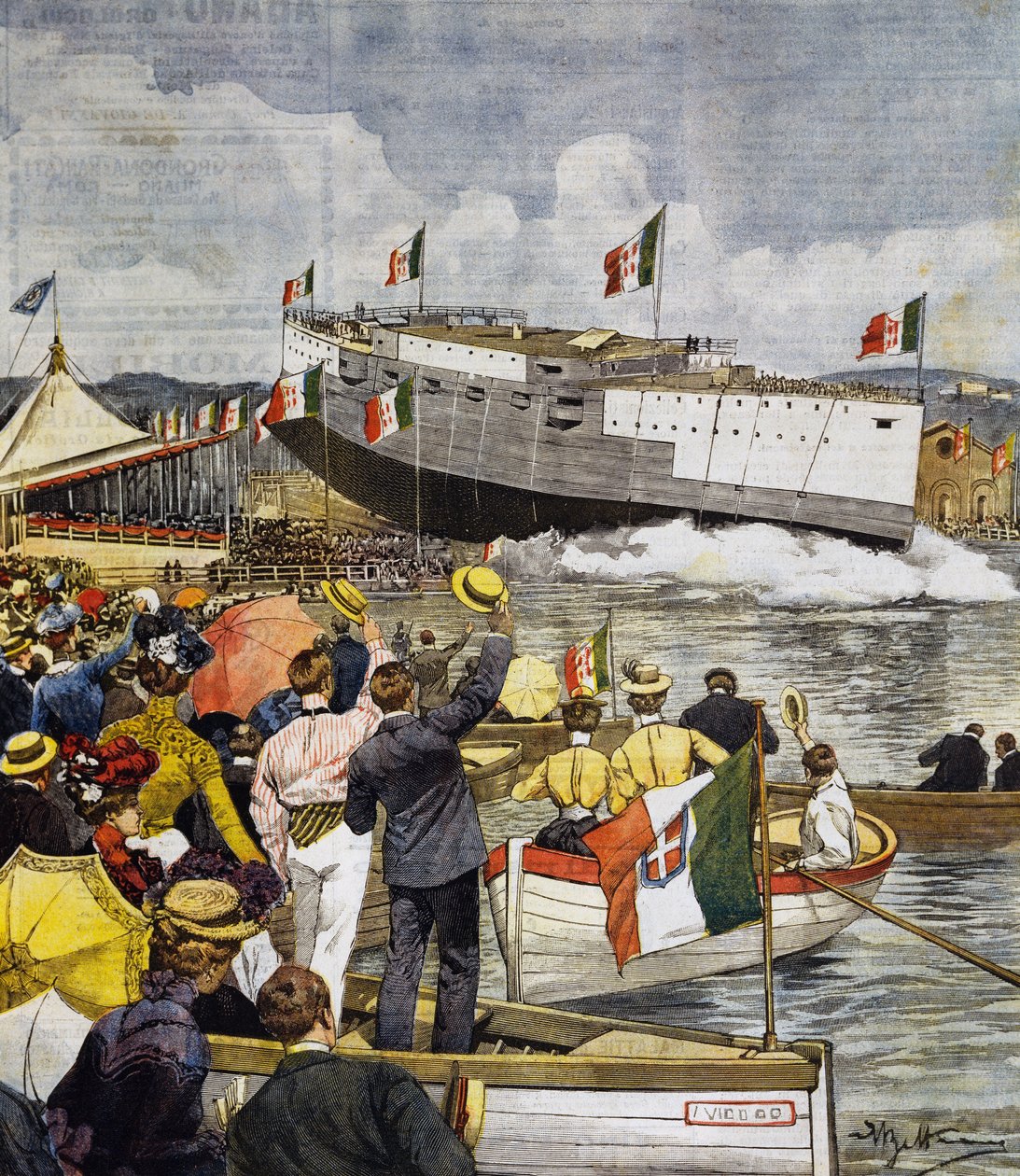 Stapellauf des Schlachtschiffs Regina Margherita in La Spezia, Tafel von Achille Beltrame, La Domenica del Corriere, 9. Juni von Achille Beltrame