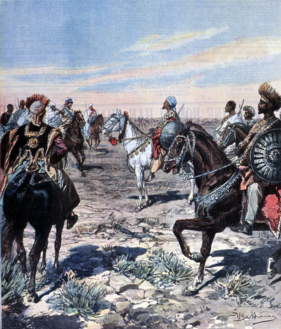 Le capitaine Mozzetti sur le camp du Ras Makonnen (Mekonnen Welde Mikael) (Abba Qagnew) (1852-1906) en Ethiopie. Illustration von Beltrame. La Domenica del corriere. 1899 von Achille Beltrame