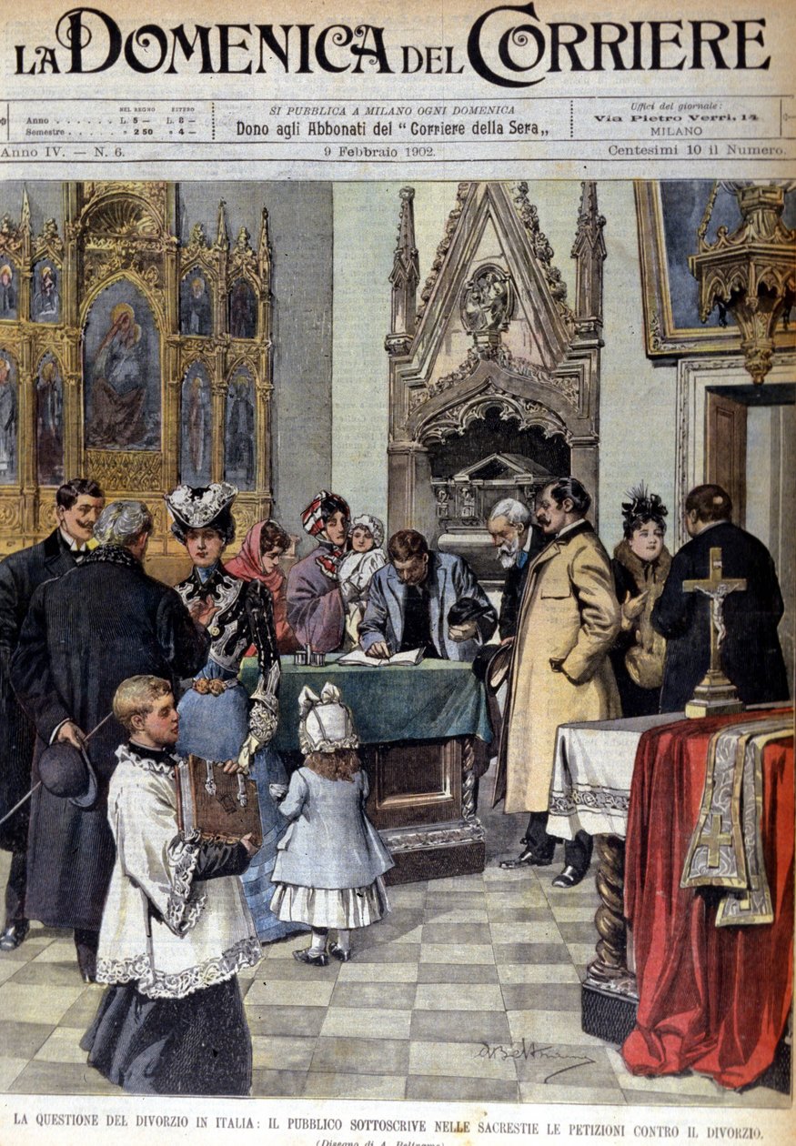 Das Problem der Scheidung in Italien: Die Bevölkerung unterzeichnet die Petitionen gegen die Scheidung in den Sakristeien. Illustration von Beltrame. La Domenica del corriere. 9/02/1902 von Achille Beltrame
