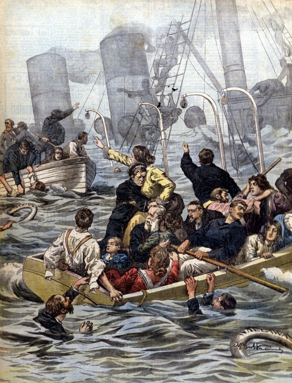 Die maritimen Dramen: Der Untergang des Dampfschiffs Wallawalla, beladen mit Goldsuchern aus dem Klondike (Illustration von Beltrame, La Domenica del Corriere, 1902) von Achille Beltrame