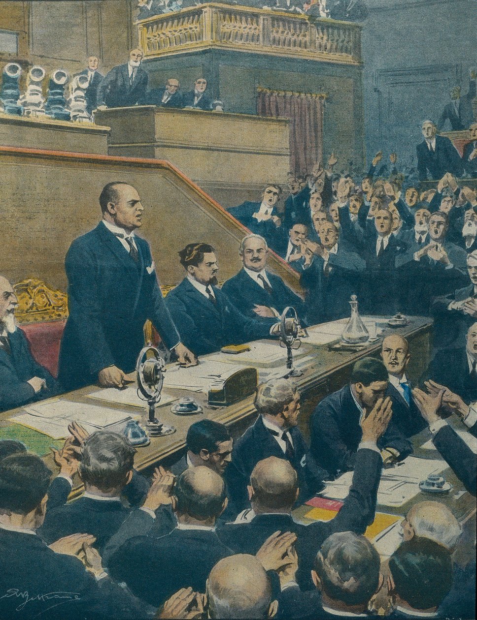 Benito Mussolini verkündet dem Senat das Bündnis der vier Westmächte. Achille Beltrame (1871-1945) aus La Domenica del Corriere, 7. Juni. von Achille Beltrame