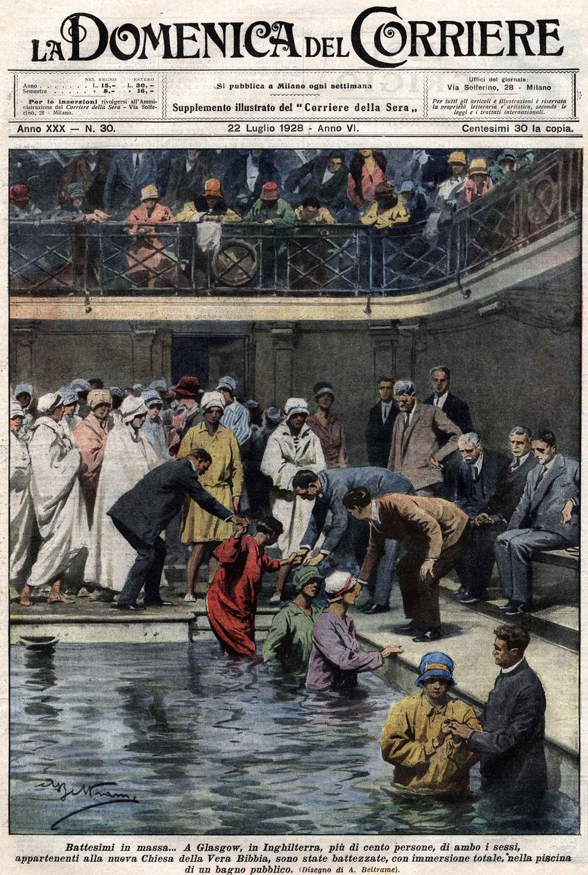 Massen-Taufen: In Glasgow, Schottland, wurden mehr als hundert Menschen, Mitglieder der neuen True Bible Church, im städtischen Schwimmbad getauft. Illustration von Beltrame. La Domenica del Corriere. 22/07/1928. von Achille Beltrame