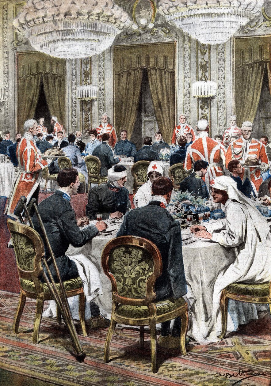 Königin von Italien Helena (Elena) von Montenegro empfing 140 kriegsversehrte Opfer des Quirinale-Krankenhauses zu einem prächtigen Bankett. Die Gäste speisten mit den Souveränen, den Prinzen, dem Herzog von Genua, der Herzogin von Aosta und General Diaz.  von Achille Beltrame
