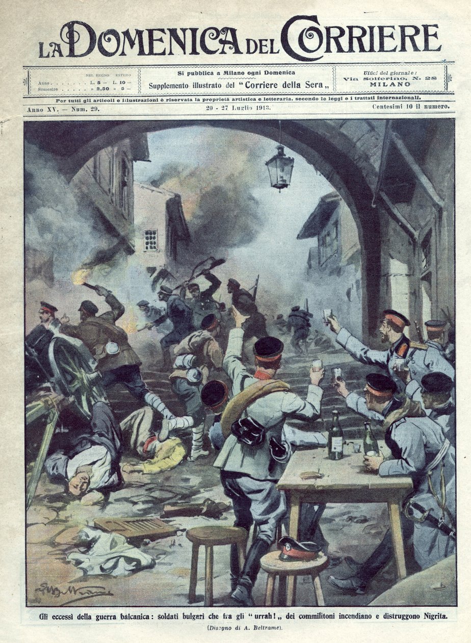 Zweiter Balkankrieg (1913) zwischen Bulgarien und Griechenland und der Türkei: Bulgarische Soldaten setzen Nigrita in Griechenland in Brand und zerstören es. La Domenica del Corriere. 07/1913. Illustration von Beltrame. von Achille Beltrame