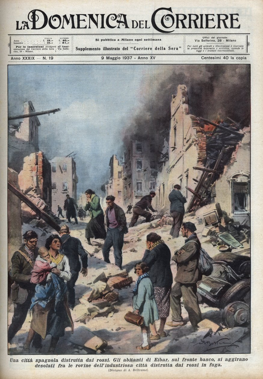 Spanischer Bürgerkrieg: Blick auf die Ruinen der Stadt Eibar im Baskenland, verwüstet von den Roten. Illustration von Achille Beltrame in 