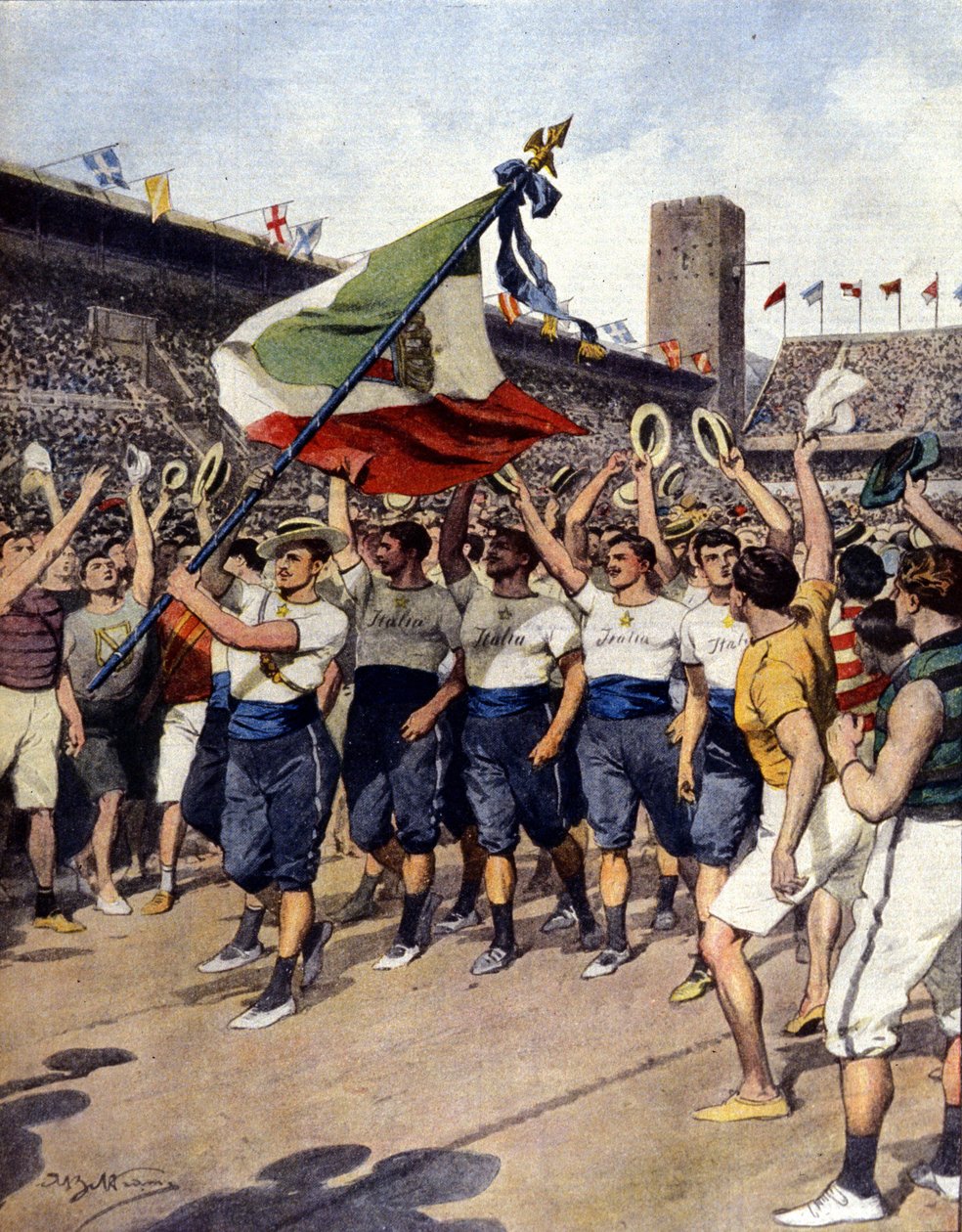 Die Olympischen Spiele 1912 in Stockholm: das siegreiche italienische Gymnastikteam. Ill. von A. Beltrame. La Domenica del Corriere von Achille Beltrame