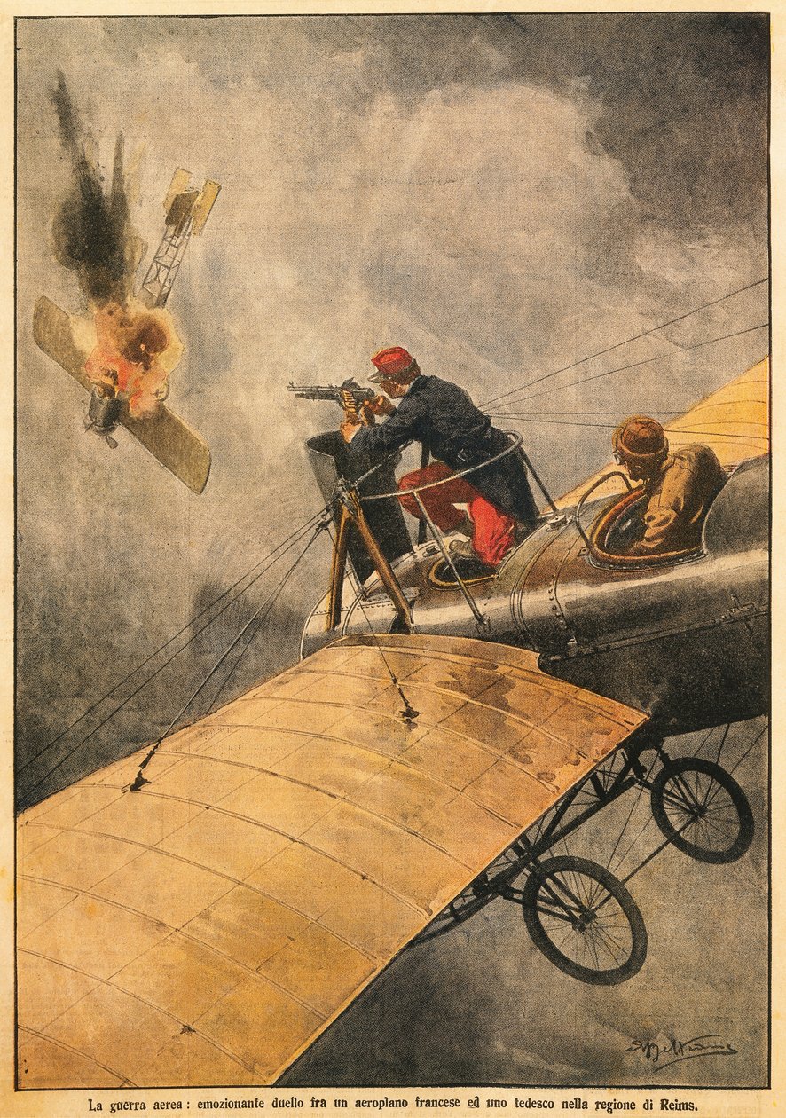 Der Krieg in der Luft: Duell zwischen einem französischen und einem deutschen Flugzeug über Reims, von Achille Beltrame (1871-1945), aus La Domenica del Corriere, 25. Oktober 1914 von Achille Beltrame