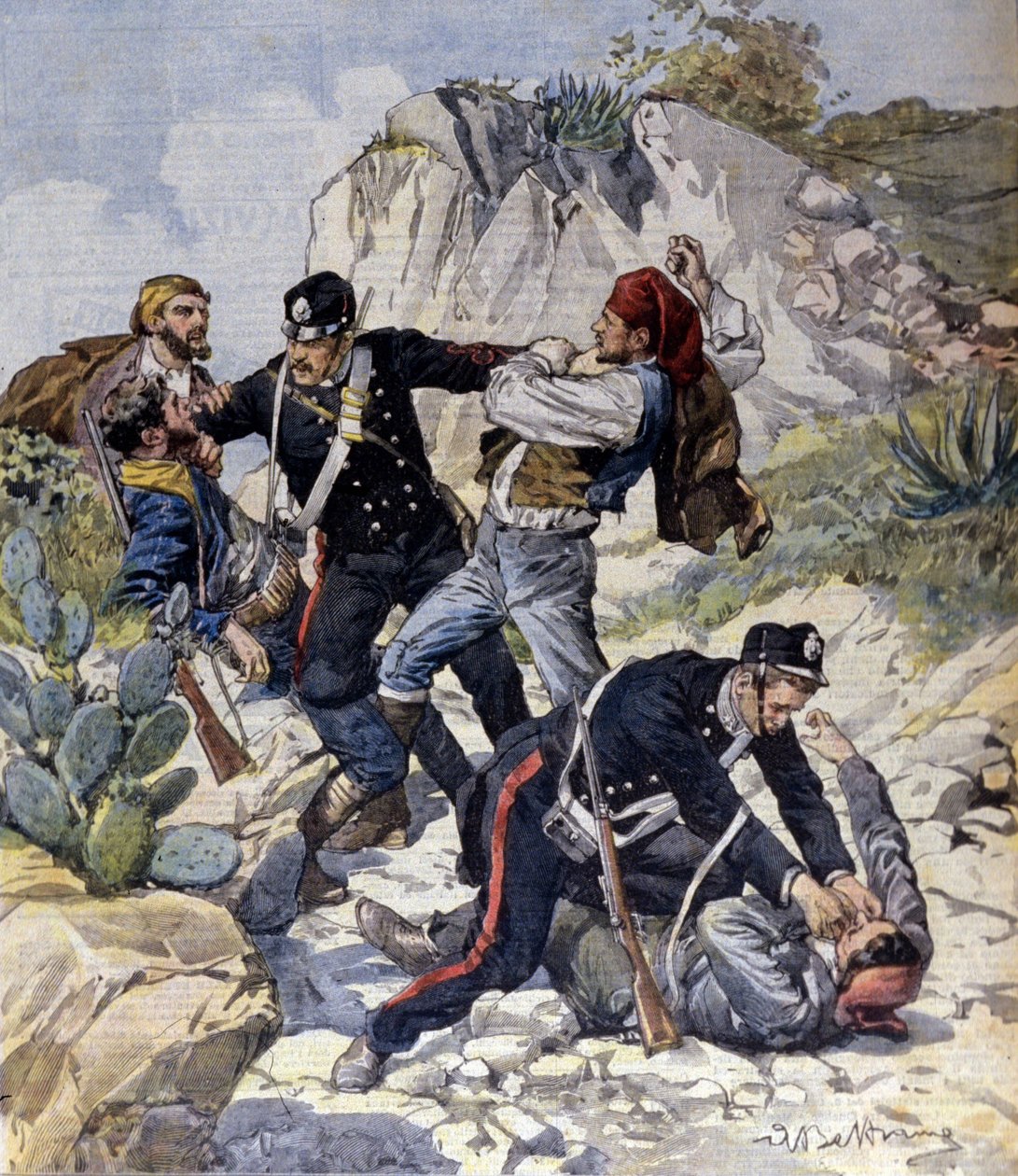 Die Verhaftung von drei gefährlichen Räubern in der Nähe von Trapani auf Sizilien (Illustration von Beltrame, La Domenica del Corriere, 23. Februar 1902) von Achille Beltrame