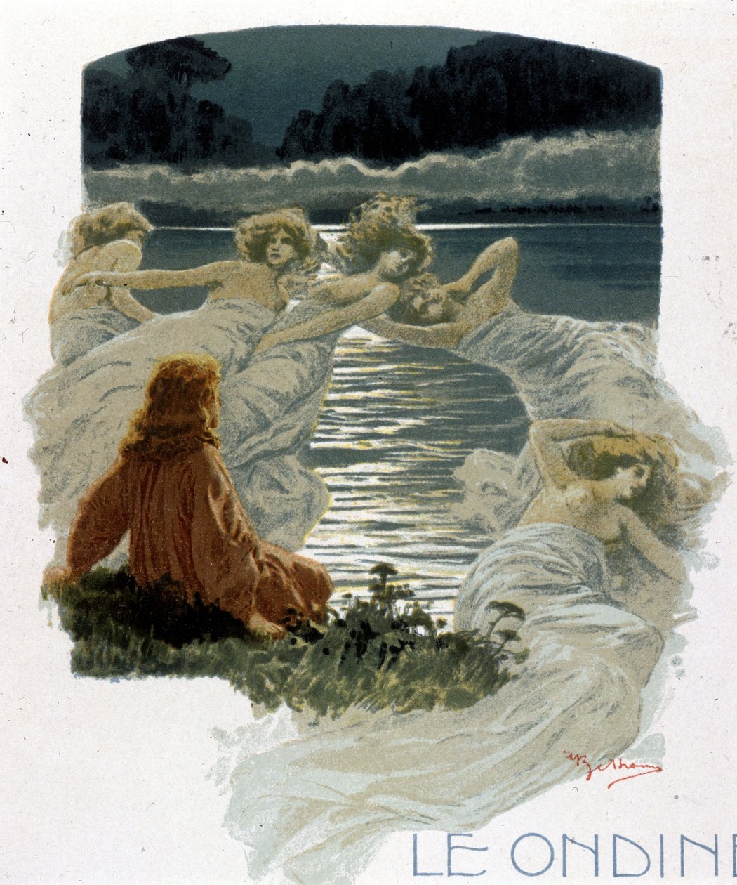 Die Charaktere der Ondinen, junge Nymphen der Gewässer der germanischen Mythologie. Illustration von A. Beltrame. von Achille Beltrame