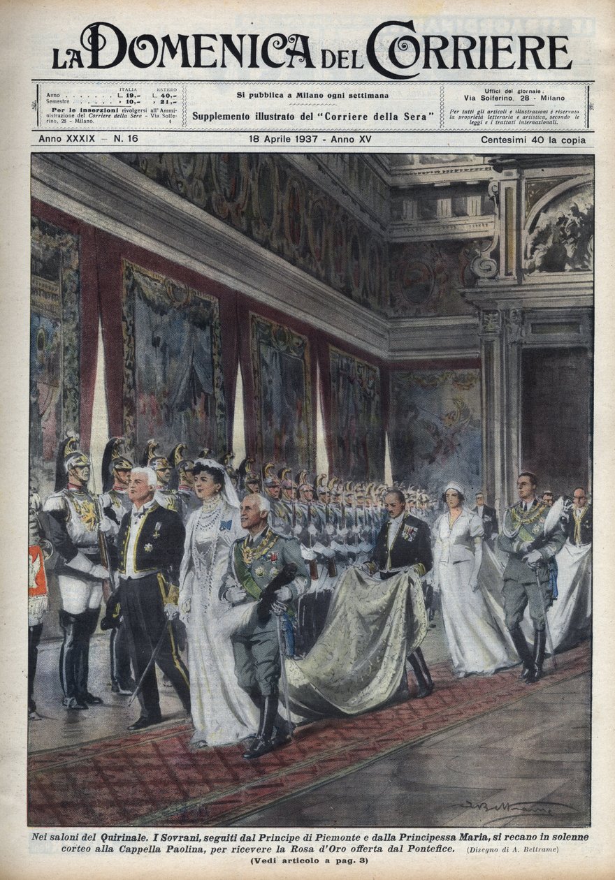 Das Königspaar, Viktor Emanuel III. (1869-1947) und seine Frau Helene von Montenegro, gefolgt von Prinz Humbert II. und Maria Jose, gehen zur Paolina-Kapelle. Illustration von Achille Beltrame in 