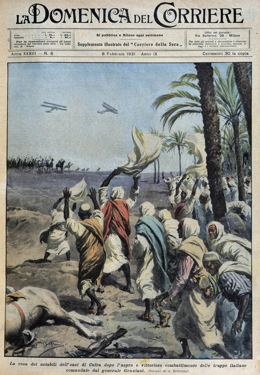 Die Kapitulation der Notablen der Oase von Koufra nach der schwierigen und siegreichen Schlacht der italienischen Truppen unter dem Kommando von General Graziani - Zeichnung von A. Beltrame in „la Domenica del Corriere“ vom 08.02.1931 von Achille Beltrame