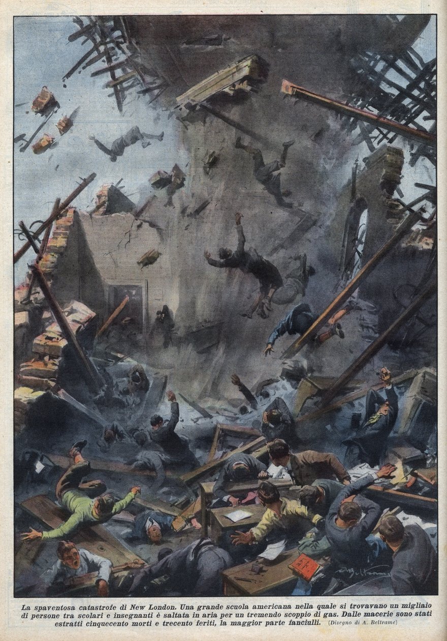 Die Tragödie einer Schulexplosion in New London, Texas, verursacht durch ein Gasleck am 18. März. Illustration von Achille Beltrame in „La domenica del Corriere“ vom 04.04.1937. von Achille Beltrame