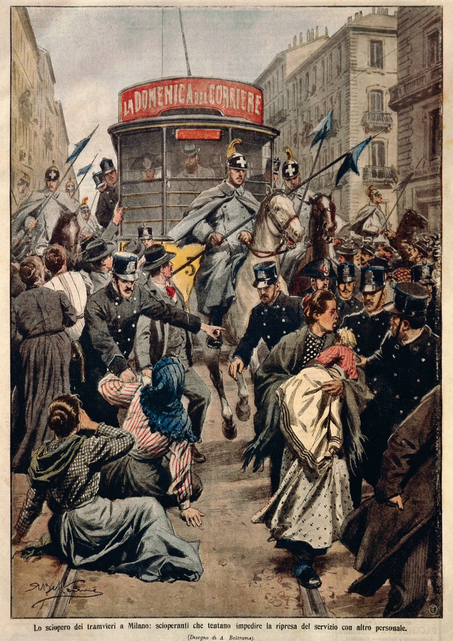 Straßenbahnstreik in Mailand, von Achille Beltrame, Illustration, Illustrator Achille Beltrame (1871-1945), aus La Domenica del Corriere von Achille Beltrame