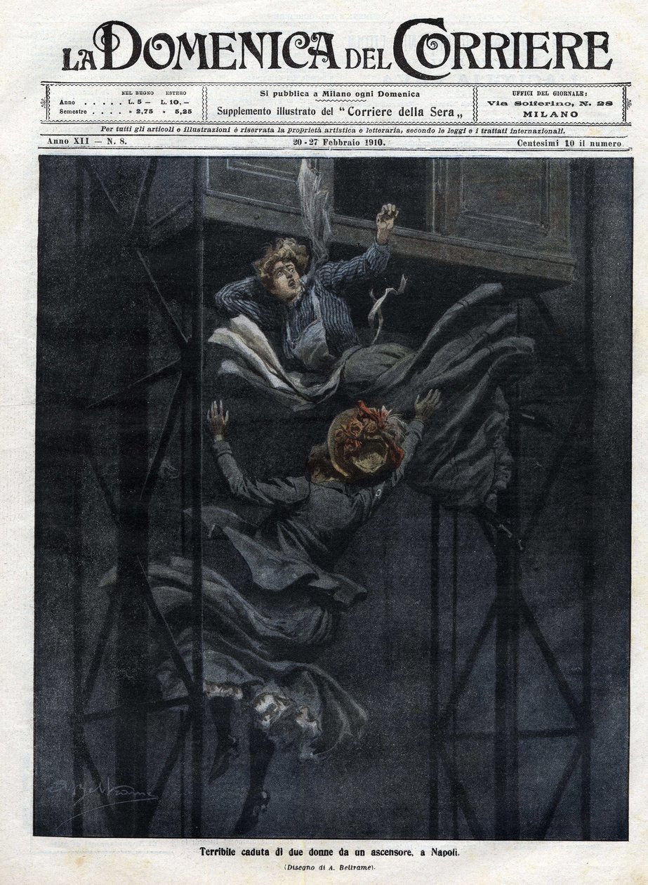 Zwei Frauen stürzten 1910 in Neapel aus einem Aufzug von Achille Beltrame