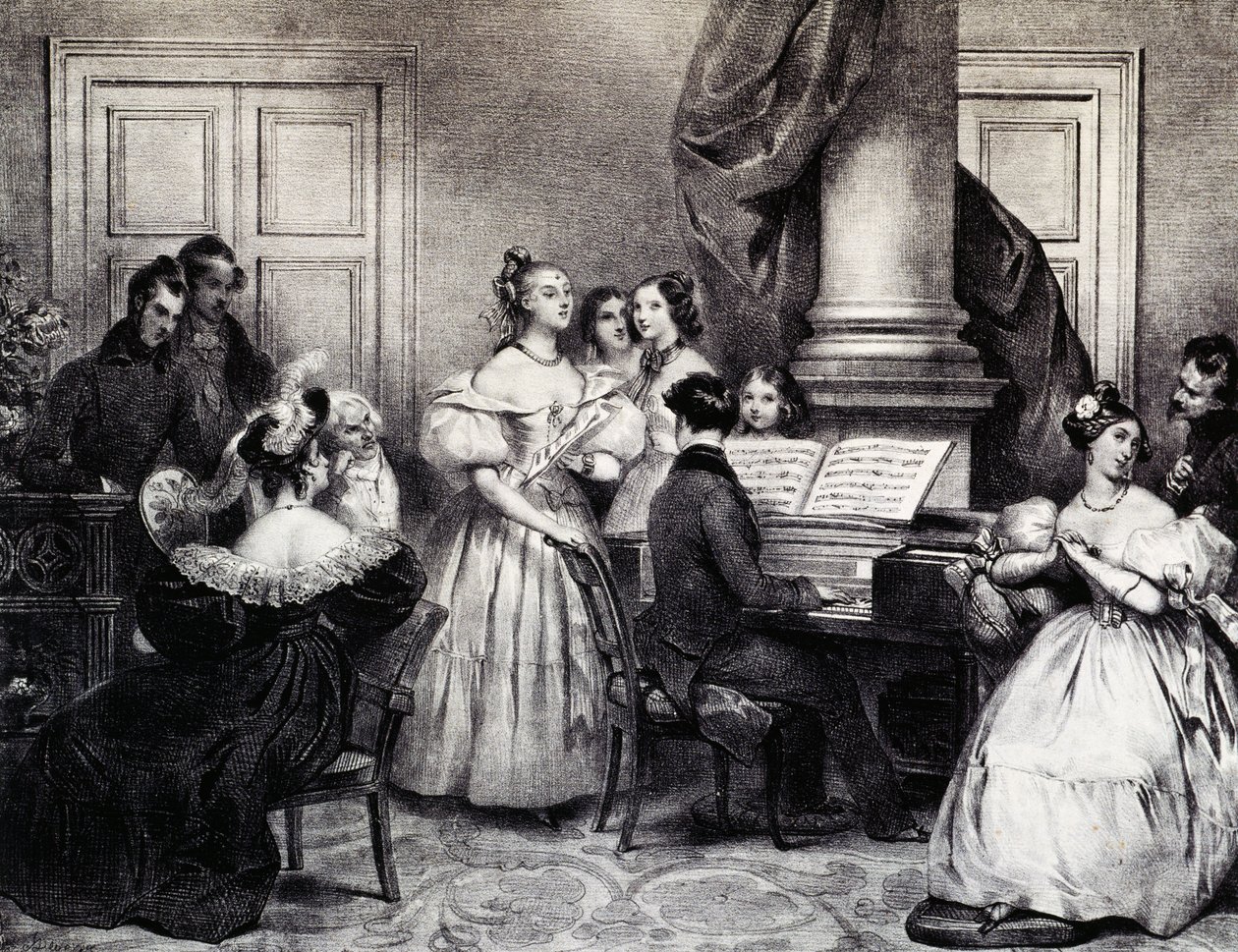 Familienkonzert mit Klavier, von Achille Deveria, Gravur, Frankreich von Achille Devéria