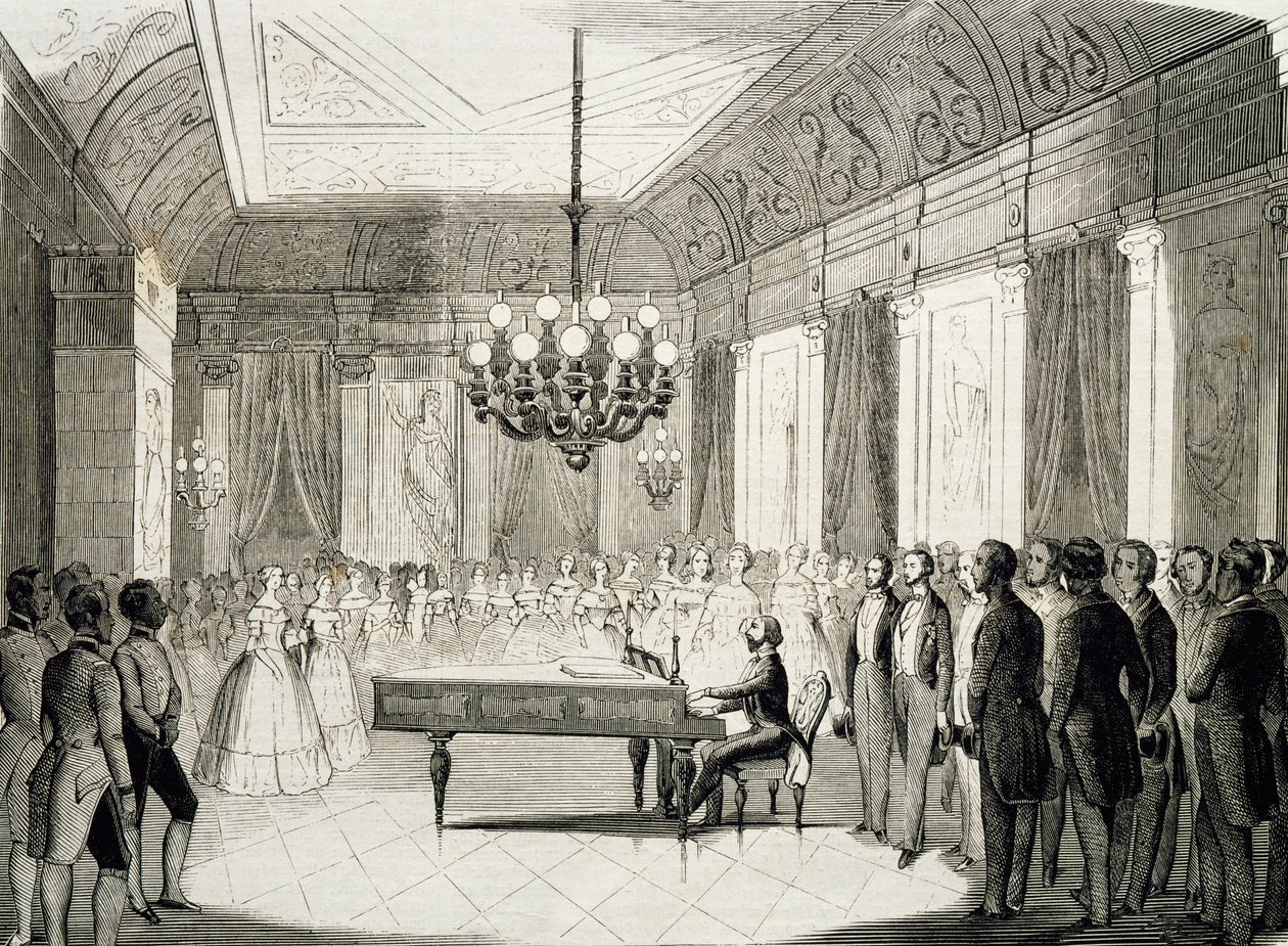 Musikalischer Abend mit Klavier, von Achille Deveria, Gravur, Frankreich von Achille Devéria