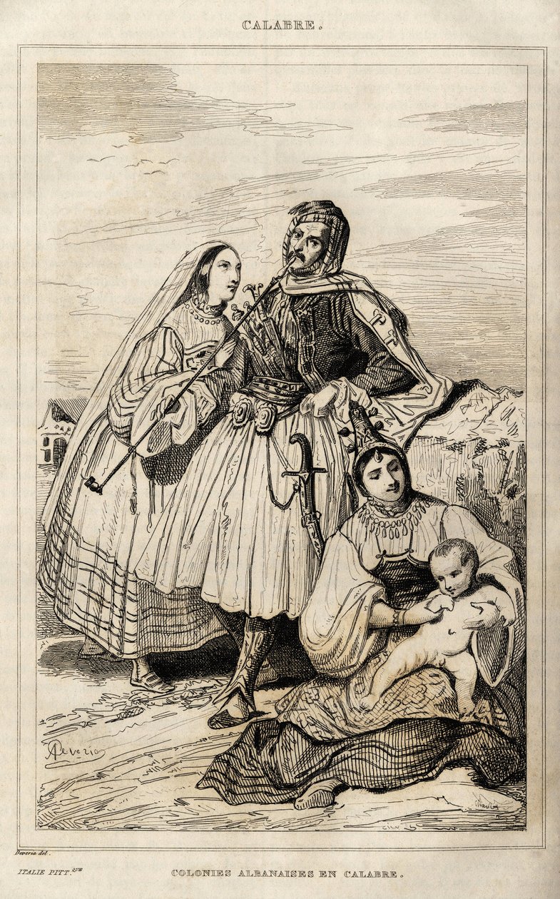 Eine albanische Kolonie in Kalabrien, Gravur von Deveria, in „Italien pittoresk“, Amable Coste Herausgeber, Paris von Achille Devéria