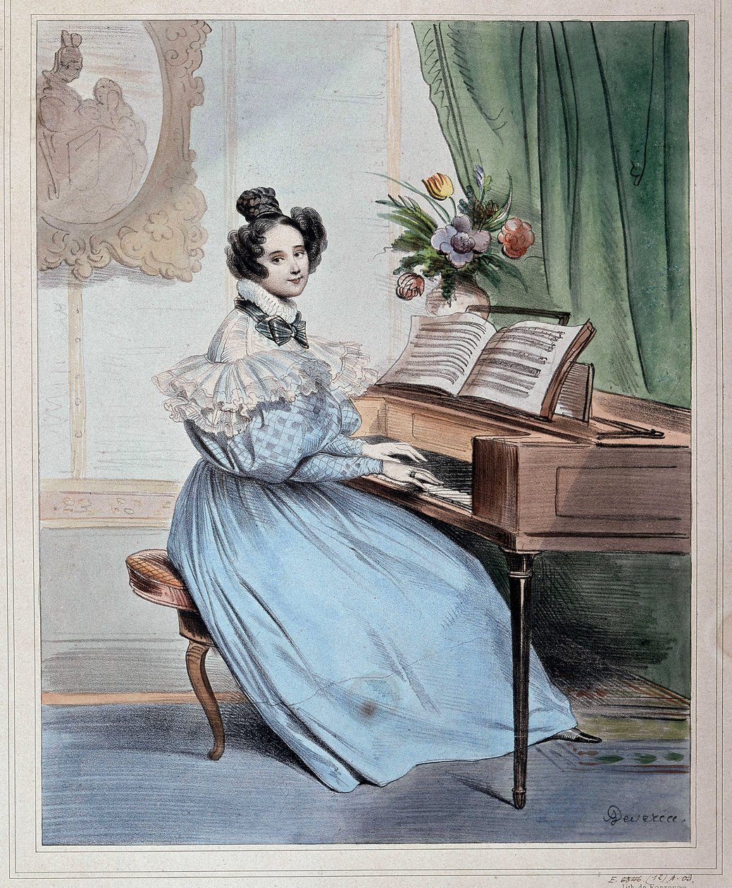 Sieben Uhr abends, Frau am Pianoforte von Devéria, Anfang des 19. Jahrhunderts von Achille Devéria