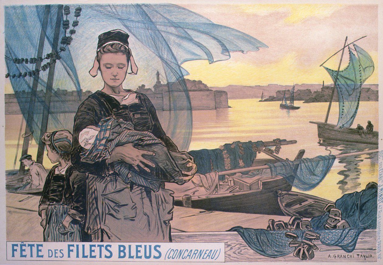 Plakat, das das Festival der Blauen Fischernetze in Concarneau, Bretagne, darstellt von Achille Granchi Taylor