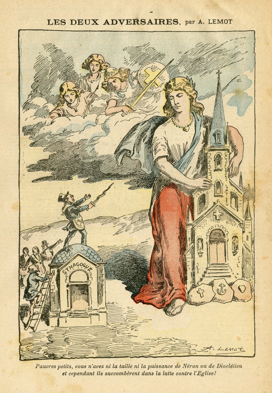 Illustration von Achille Lemot (1846-1909) in Le Pelerin, 09/09/06 - Die beiden Gegner - Antisemitismus, Religion Glaube, Dreifarbige Flagge, Kathedrale Kirchen, Synagoge, Katholizismus - Allegorie, Maßstabsänderung von Achille Lemot