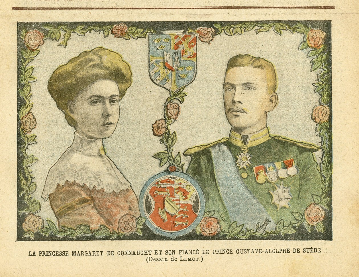 Illustration von Achille Lemot (1846-1909) in Le Pelerin, 21/05/05 - Prinzessin Margaret von Connaught und ihr Verlobter Prinz Gustave-Adolphe von Schweden - Monarchie, Medaille, Ausländischer Souverän, Schweden - Von Connaught Margaret (1882-1920), Gustav von Achille Lemot